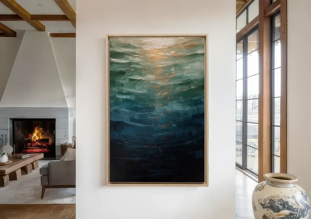Copper Light Sinking Through Green Water for a Masculine Bedroom canvas wall art in a living room with a fireplace