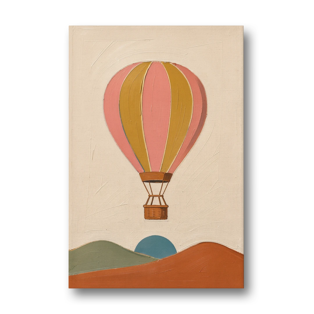 Coral Wall Art with a Striped Hot Air Balloon - Canvas Wall Art - Front