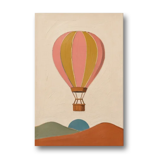 Coral Wall Art with a Striped Hot Air Balloon - Canvas Wall Art - Front