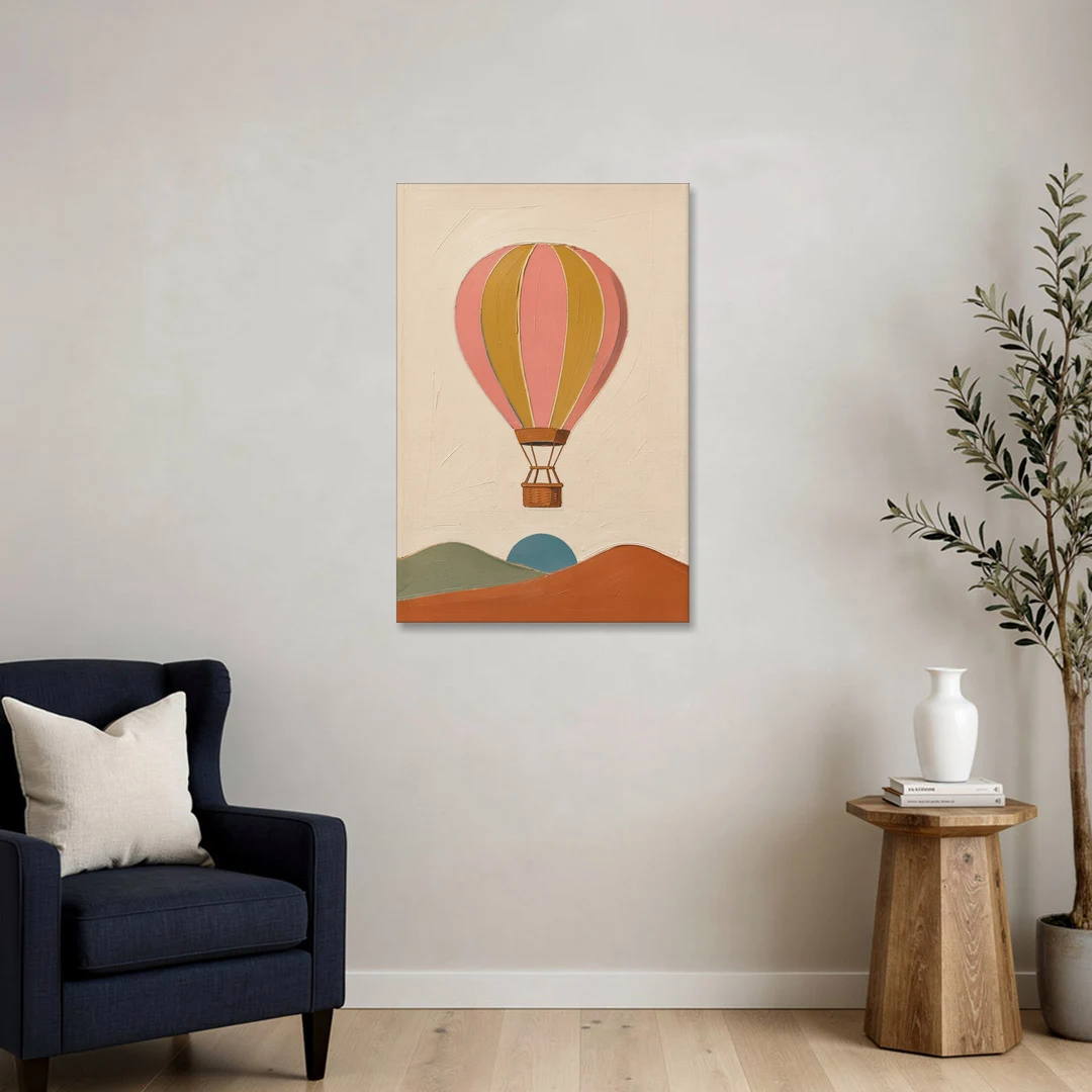 Coral Wall Art with a Striped Hot Air Balloon - Canvas Wall Art - Sofa - 24x36