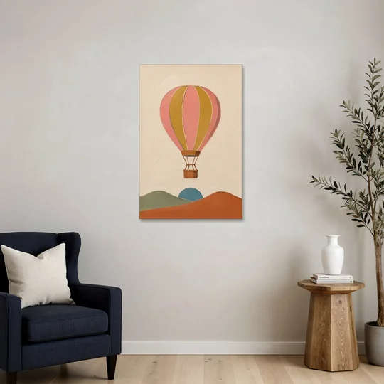 Coral Wall Art with a Striped Hot Air Balloon - Canvas Wall Art - Sofa - 24x36