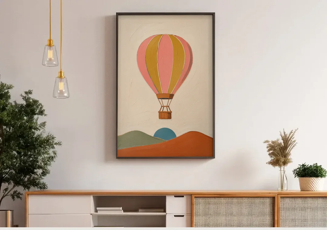 Coral Wall Art with a Striped Hot Air Balloon canvas wall art above a wooden sideboard under pendant lights