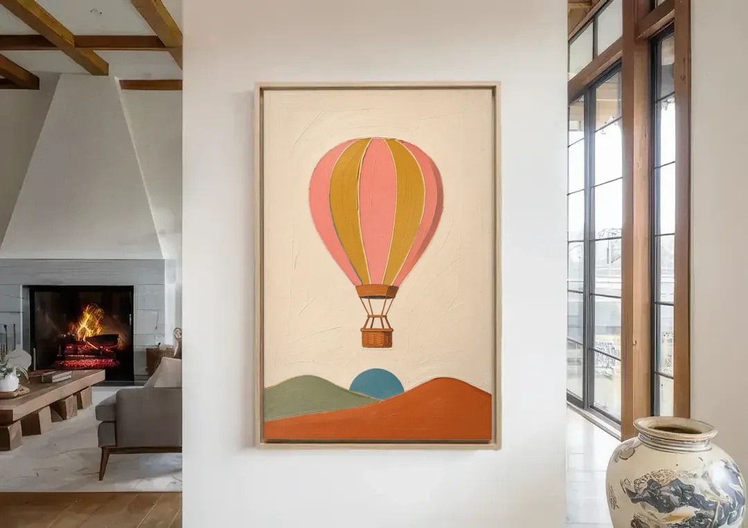 Coral Wall Art with a Striped Hot Air Balloon canvas wall art in a living room with a fireplace