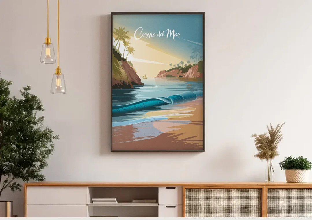 Corona Beach Vibes canvas wall art above a wooden sideboard under pendant lights