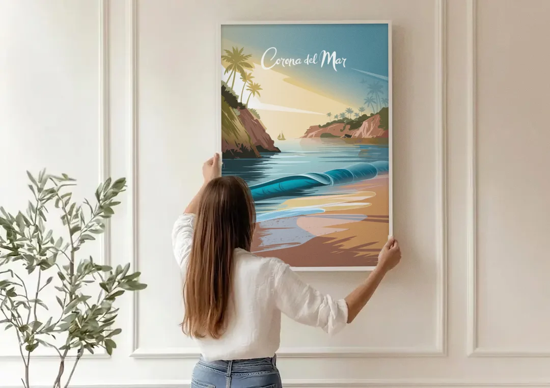 Corona Beach Vibes canvas wall art being hung on a paneled wall