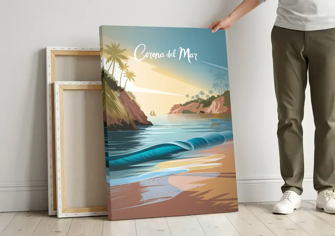 Corona Beach Vibes canvas wall art leaning against a wall next to blank canvases