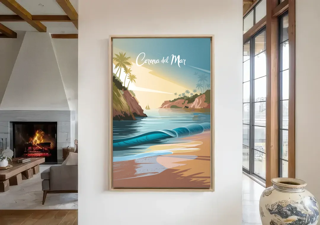 Corona Beach Vibes canvas wall art in a living room with a fireplace
