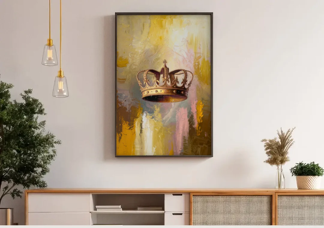 Corona Golden Hour canvas wall art above a wooden sideboard under pendant lights