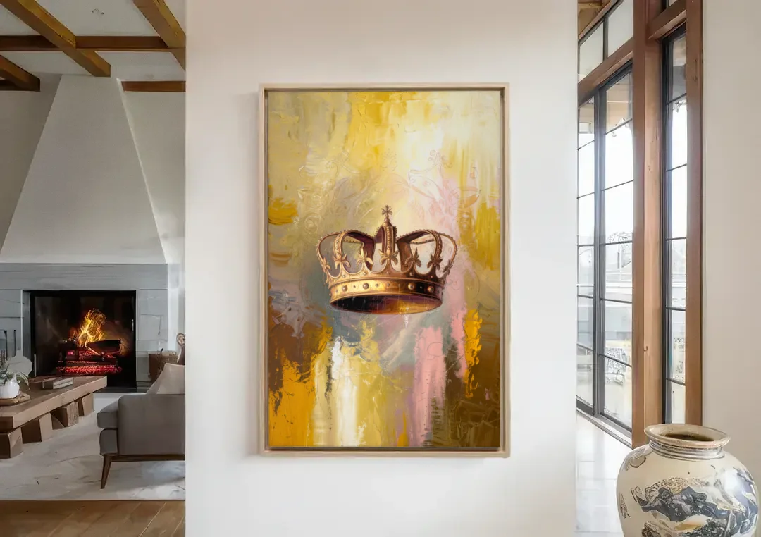 Corona Golden Hour canvas wall art in a living room with a fireplace