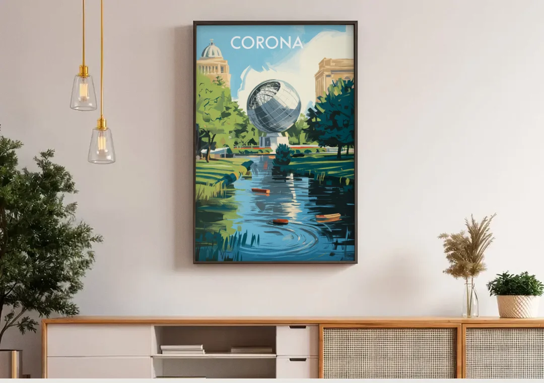 Corona Historic Landmarks canvas wall art above a wooden sideboard under pendant lights