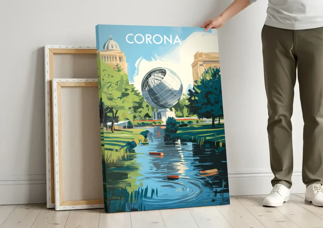 Corona Historic Landmarks canvas wall art leaning against a wall next to blank canvases