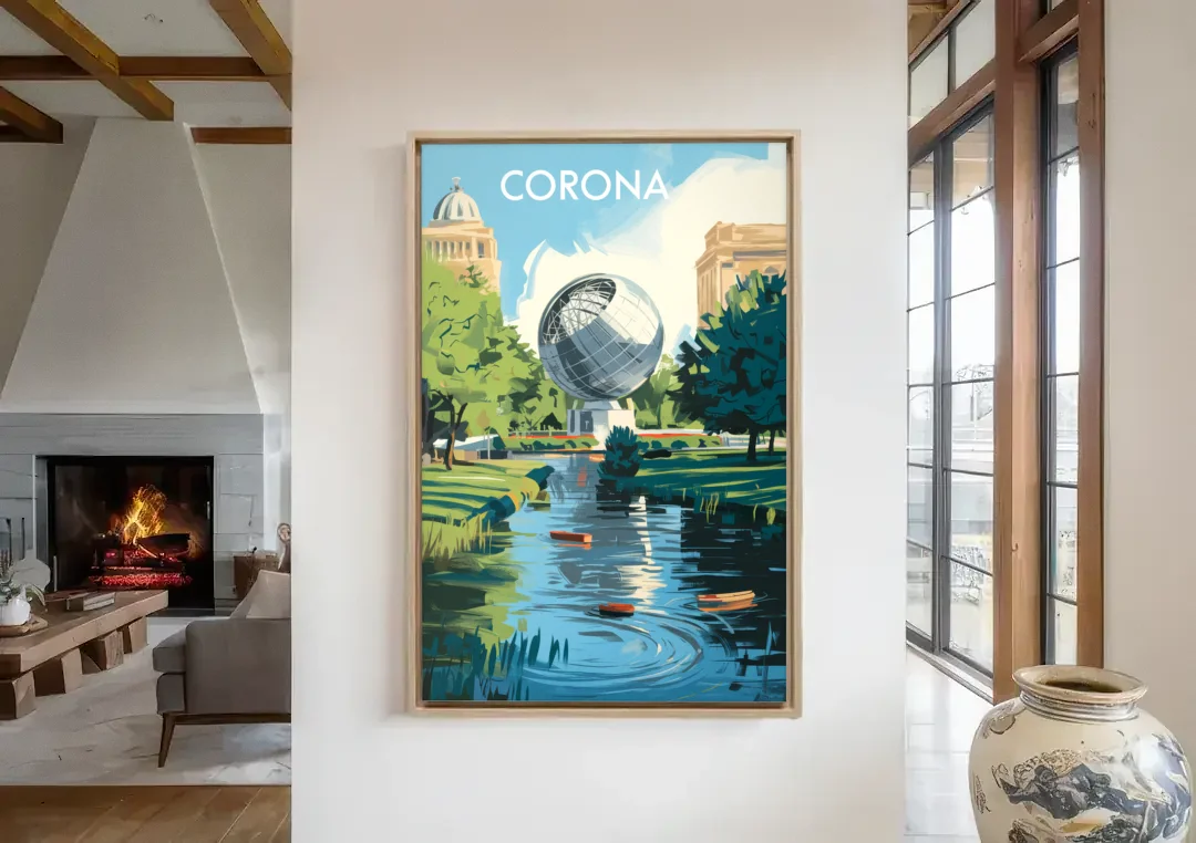 Corona Historic Landmarks canvas wall art in a living room with a fireplace