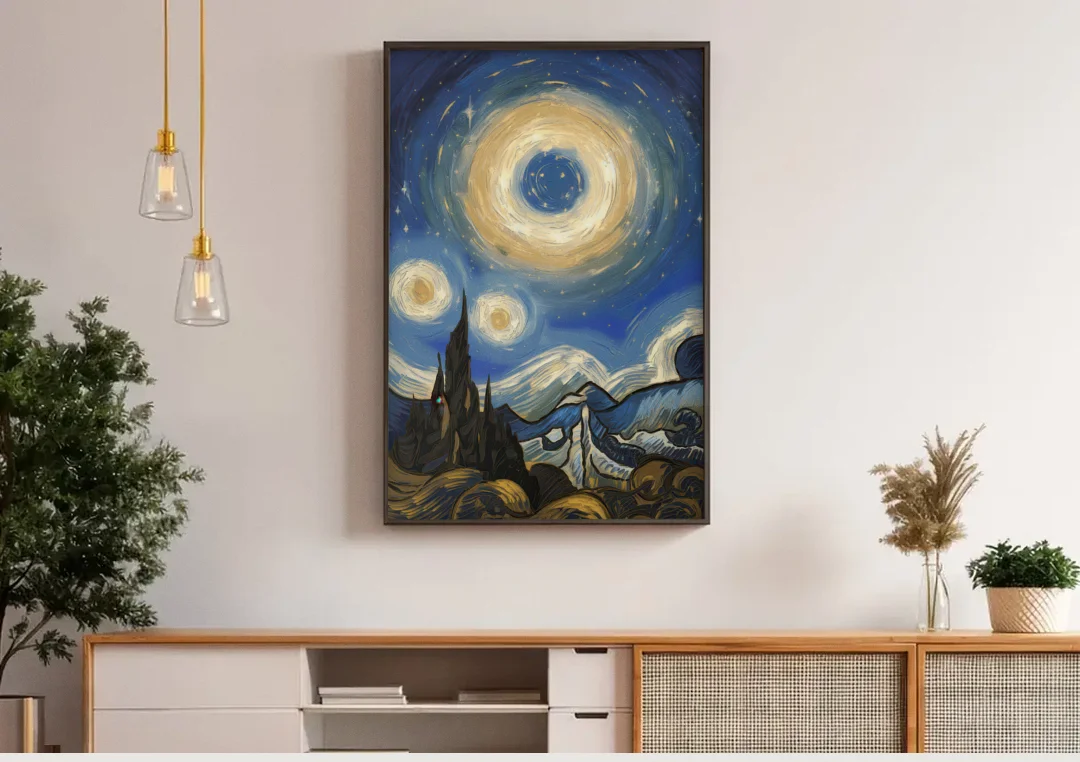 Corona Nightscape Glow canvas wall art above a wooden sideboard under pendant lights