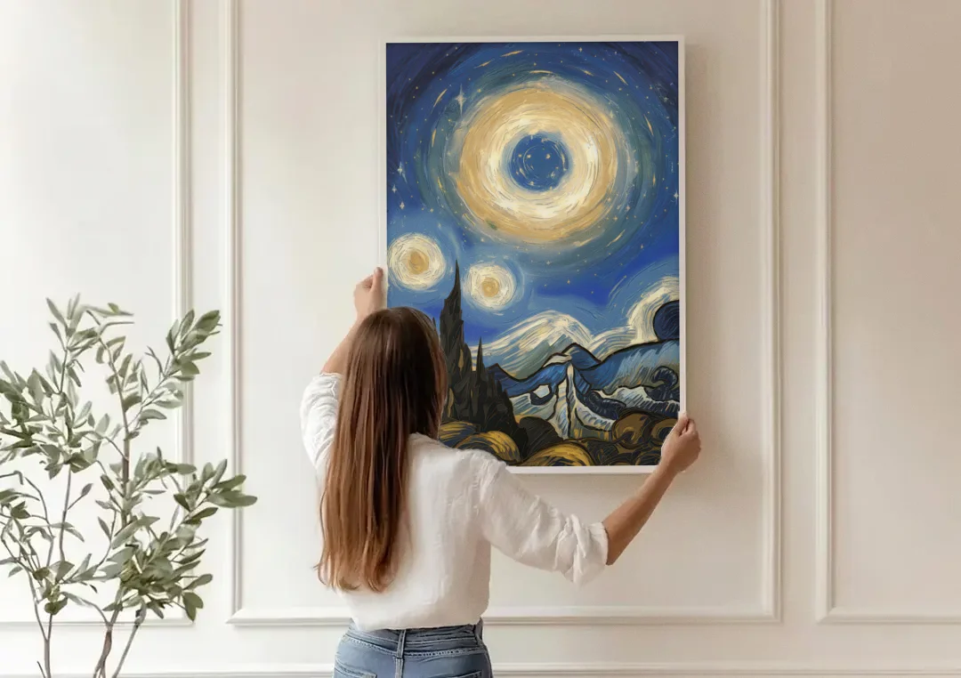 Corona Nightscape Glow canvas wall art being hung on a paneled wall