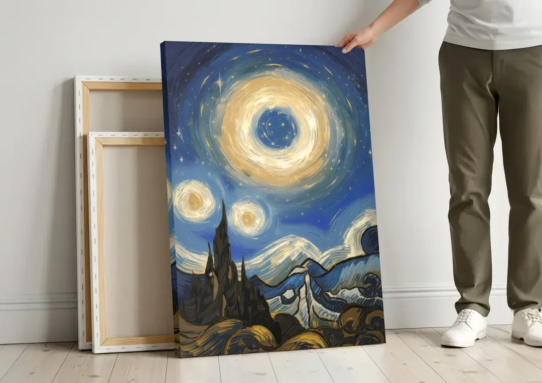 Corona Nightscape Glow canvas wall art leaning against a wall next to blank canvases
