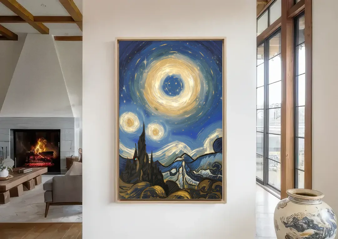 Corona Nightscape Glow canvas wall art in a living room with a fireplace