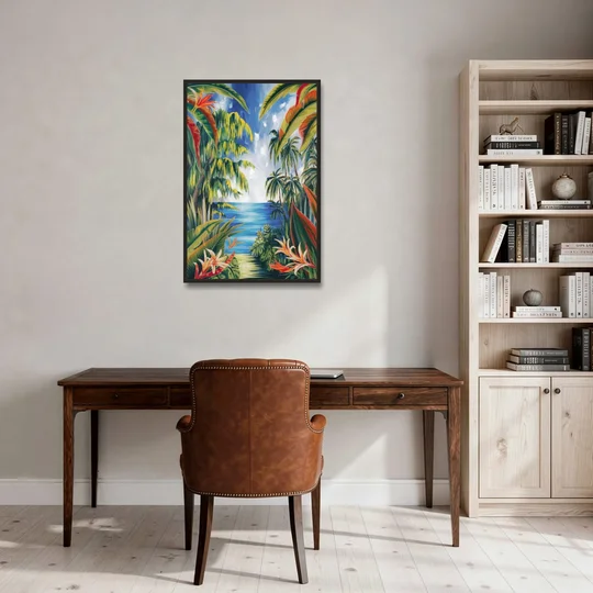 Corona Palm Tree Paradise - Black Framed Canvas Wall Art - Office - 24x36