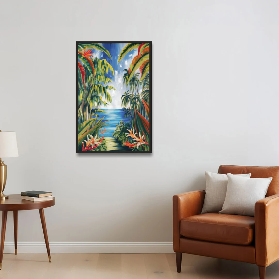 Corona Palm Tree Paradise - Black Framed Canvas Wall Art - Sofa - 24x36