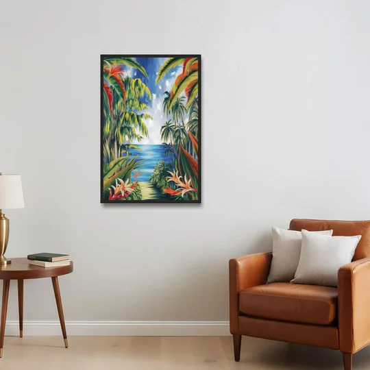 Corona Palm Tree Paradise - Black Framed Canvas Wall Art - Sofa - 24x36
