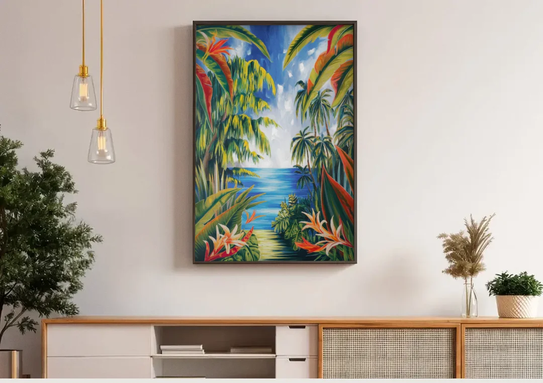 Corona Palm Tree Paradise canvas wall art above a wooden sideboard under pendant lights
