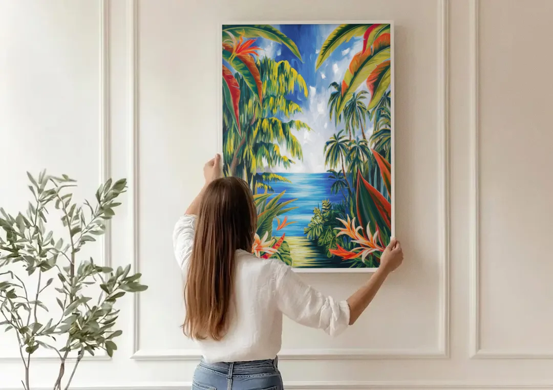 Corona Palm Tree Paradise canvas wall art being hung on a paneled wall