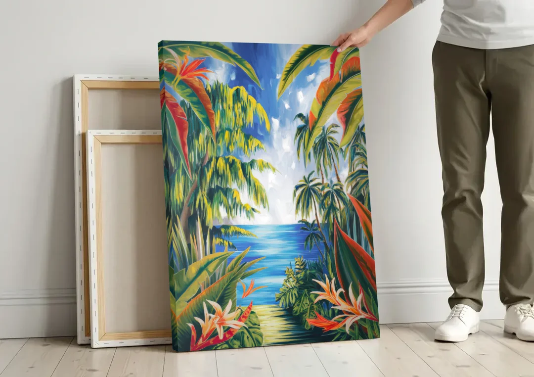 Corona Palm Tree Paradise canvas wall art leaning against a wall next to blank canvases