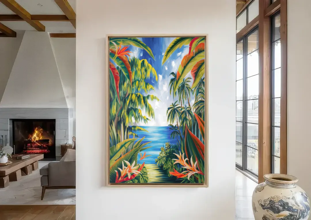 Corona Palm Tree Paradise canvas wall art in a living room with a fireplace