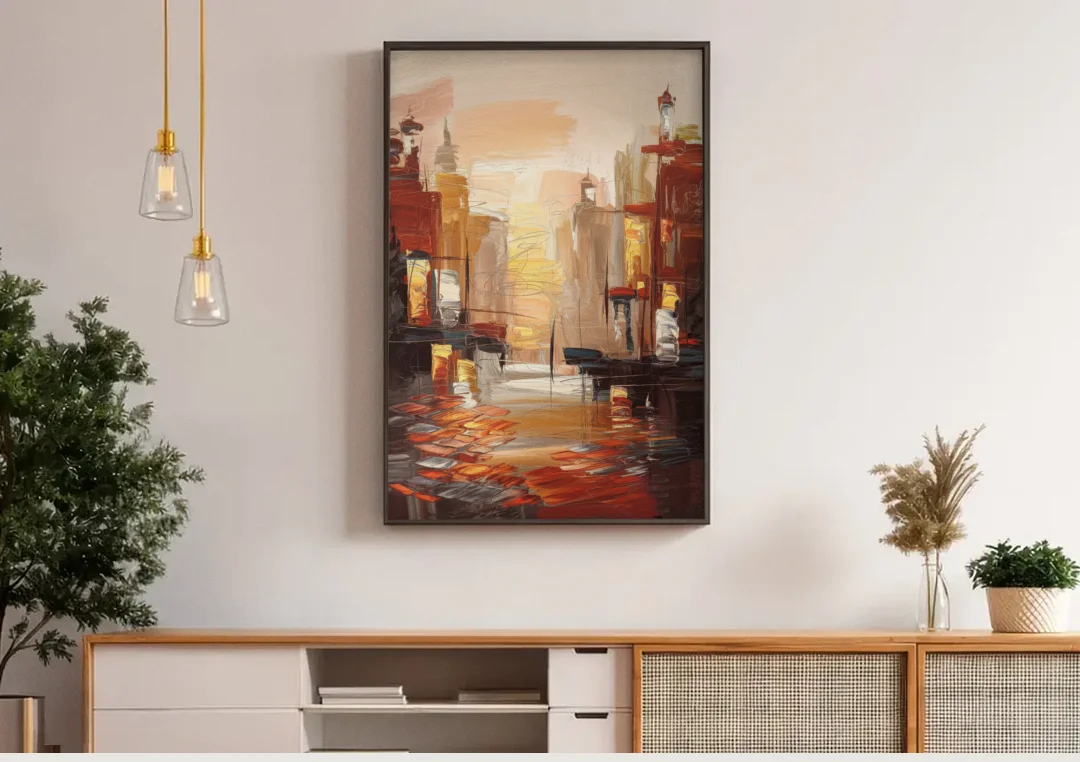 Corona Serene Landscape canvas wall art above a wooden sideboard under pendant lights