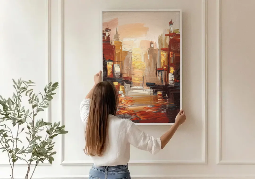 Corona Serene Landscape canvas wall art being hung on a paneled wall