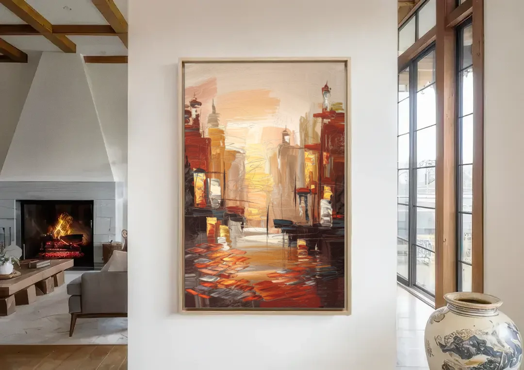 Corona Serene Landscape canvas wall art in a living room with a fireplace