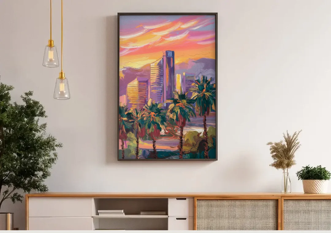 Corona Skyline Sunset canvas wall art above a wooden sideboard under pendant lights