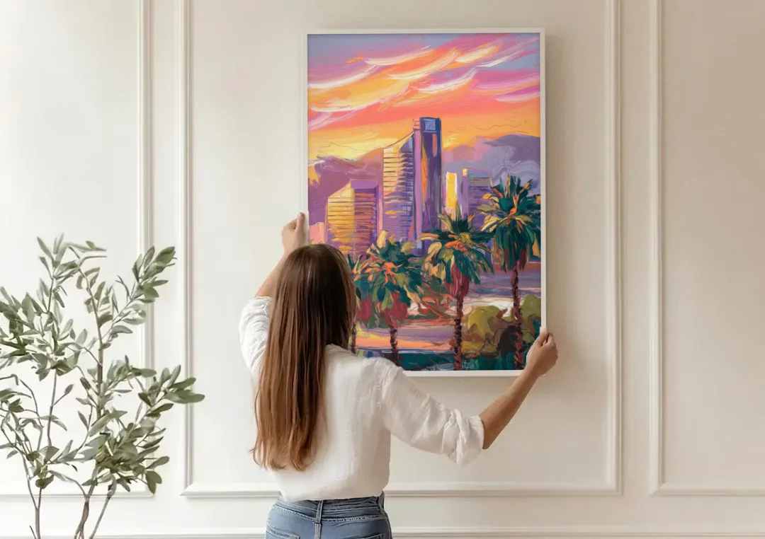 Corona Skyline Sunset canvas wall art being hung on a paneled wall