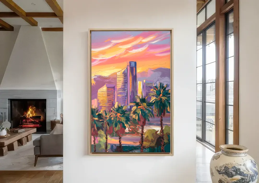 Corona Skyline Sunset canvas wall art in a living room with a fireplace