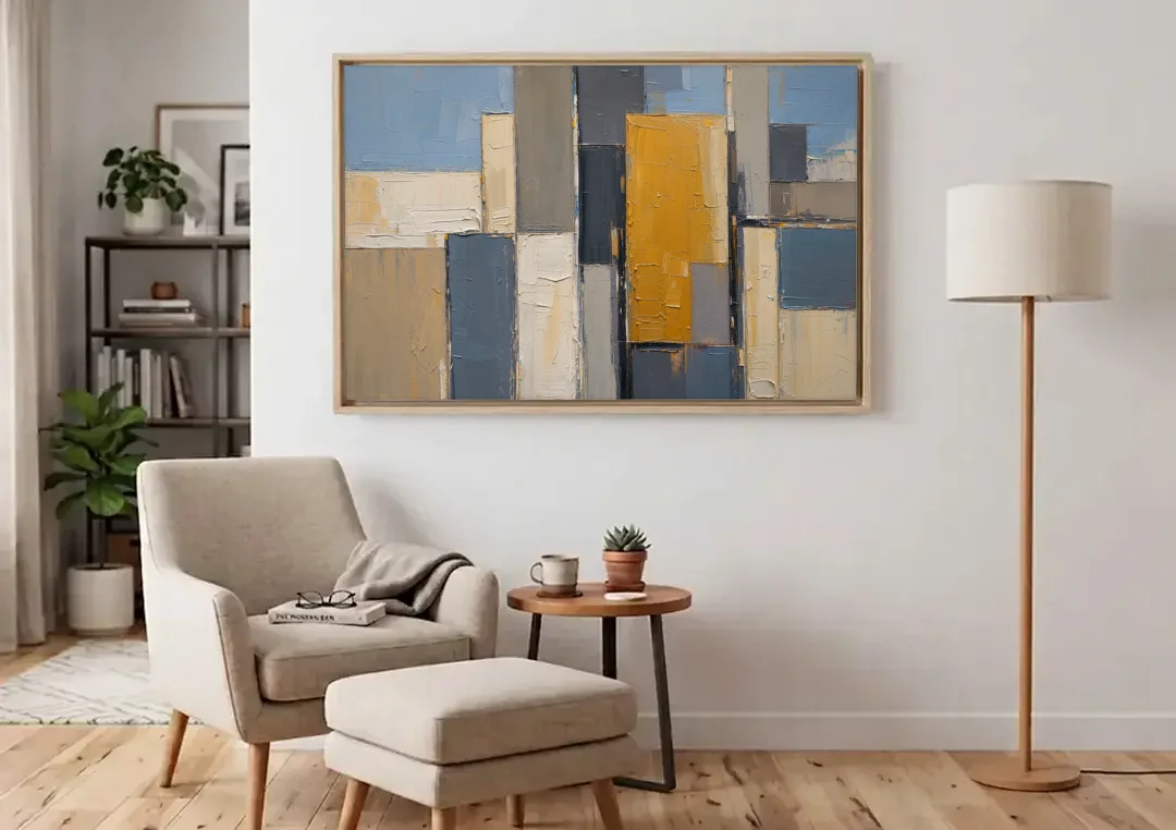 Corporate Office Wall Art of an Ochre Facade canvas wall art above an armchair in a bright living room
