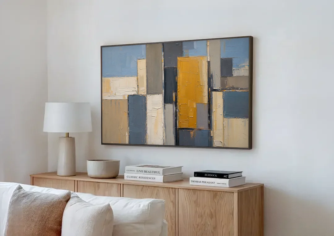 Corporate Office Wall Art of an Ochre Facade canvas wall art above a wooden sideboard next to a sofa