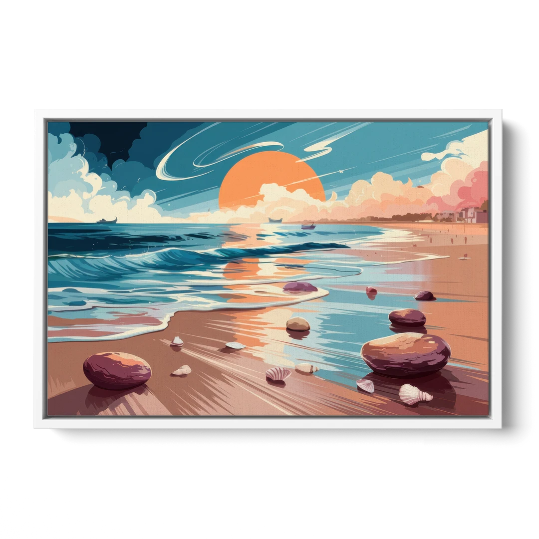 Corpus Christi Beach Sunset - White Framed Canvas Wall Art - Front