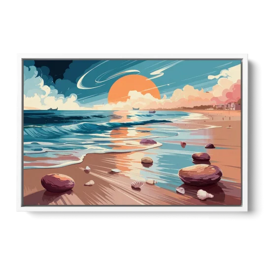 Corpus Christi Beach Sunset - White Framed Canvas Wall Art - Front