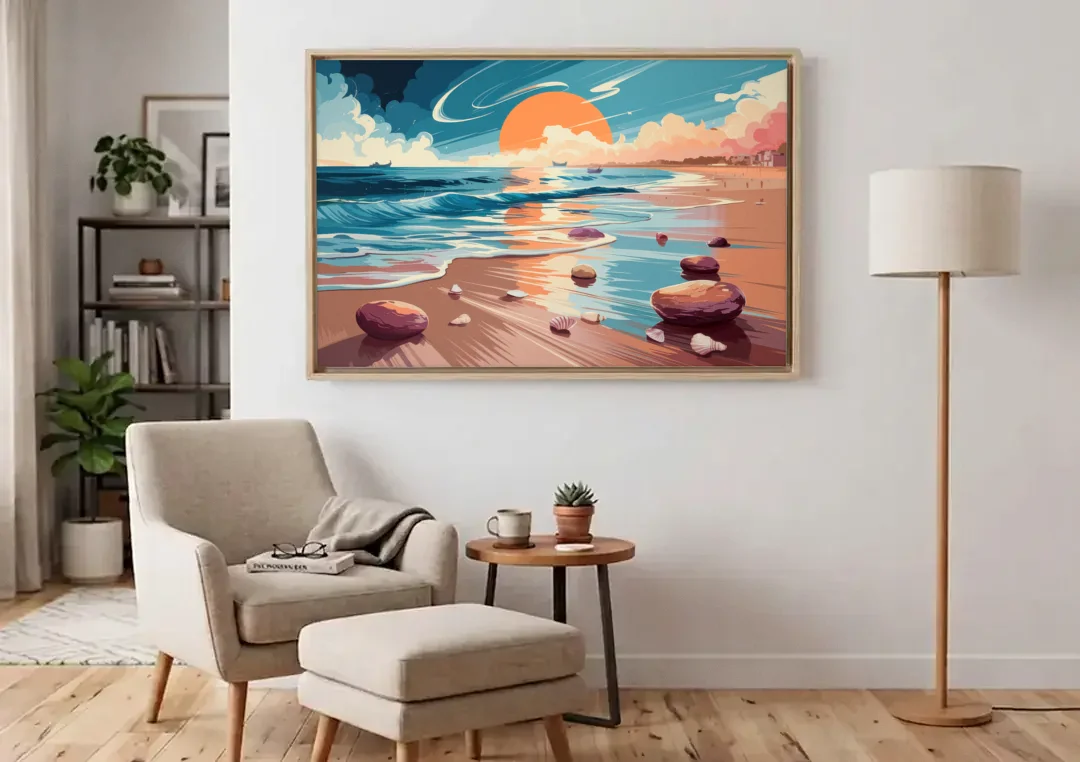 Corpus Christi Beach Sunset canvas wall art above an armchair in a bright living room