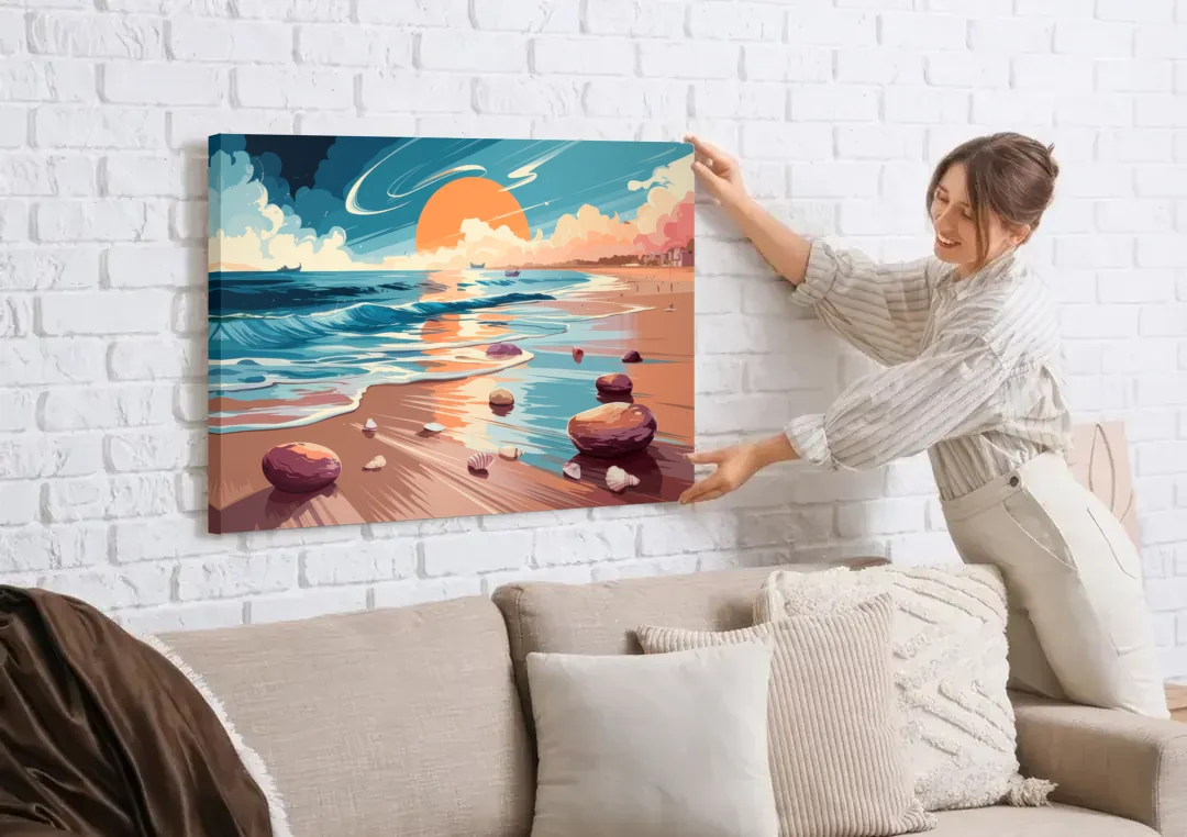 Corpus Christi Beach Sunset canvas wall art being hung on a white brick wall above a sofa