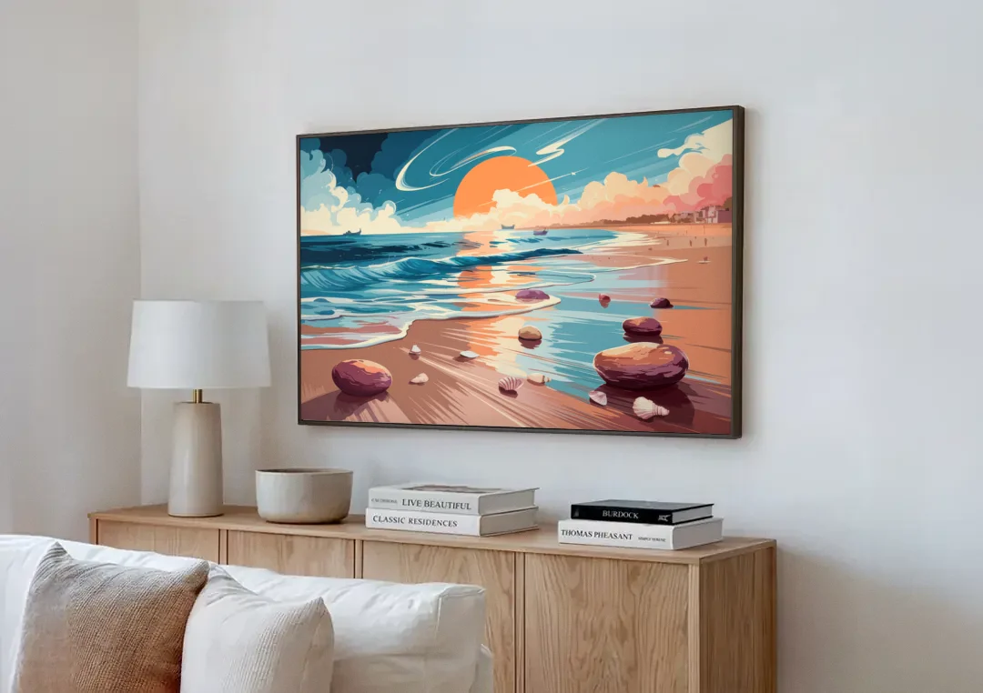 Corpus Christi Beach Sunset canvas wall art above a wooden sideboard next to a sofa