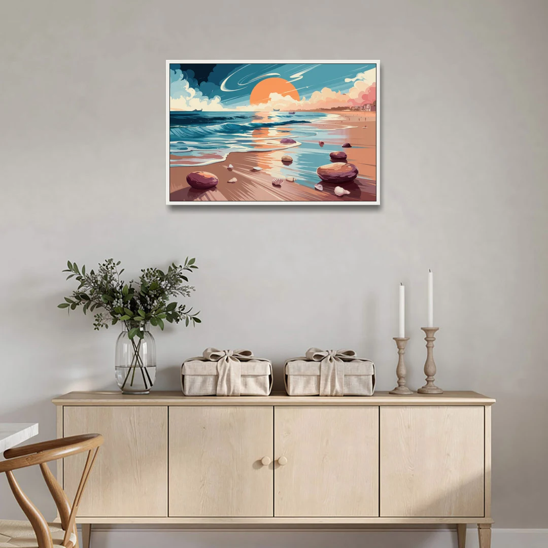 Corpus Christi Beach Sunset - White Framed Canvas Wall Art - Coffee Table - 36x24