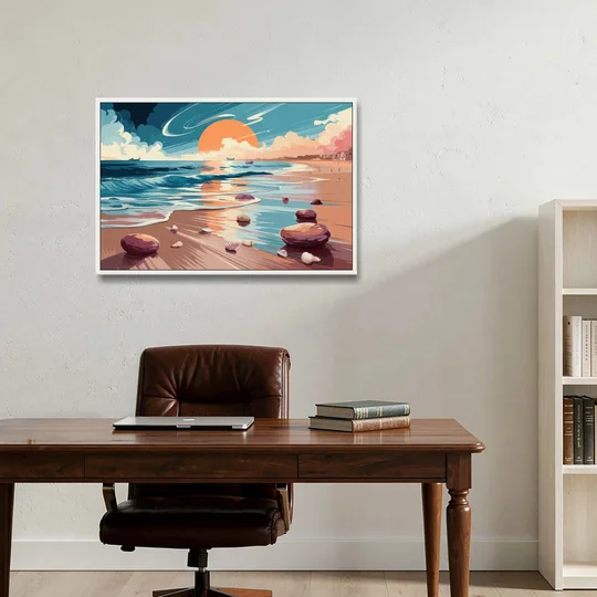 Corpus Christi Beach Sunset - White Framed Canvas Wall Art - Office - 36x24