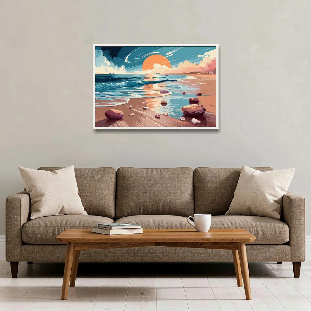 Corpus Christi Beach Sunset - White Framed Canvas Wall Art - Sofa - 36x24