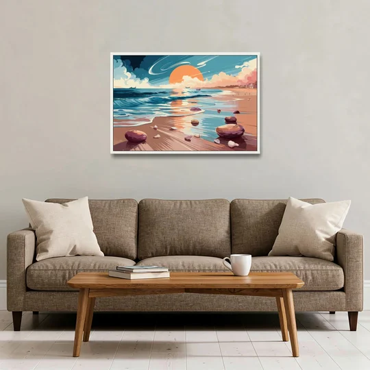 Corpus Christi Beach Sunset - White Framed Canvas Wall Art - Sofa - 36x24