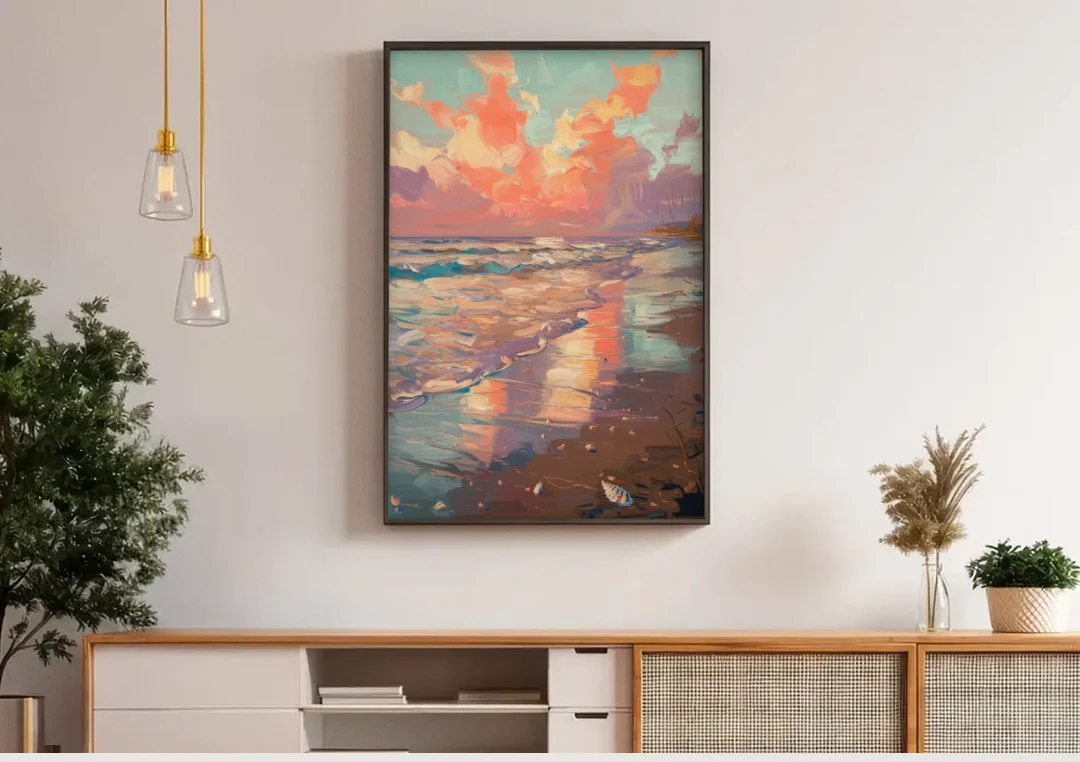 Corpus Christi Coastal Sunrise canvas wall art above a wooden sideboard under pendant lights