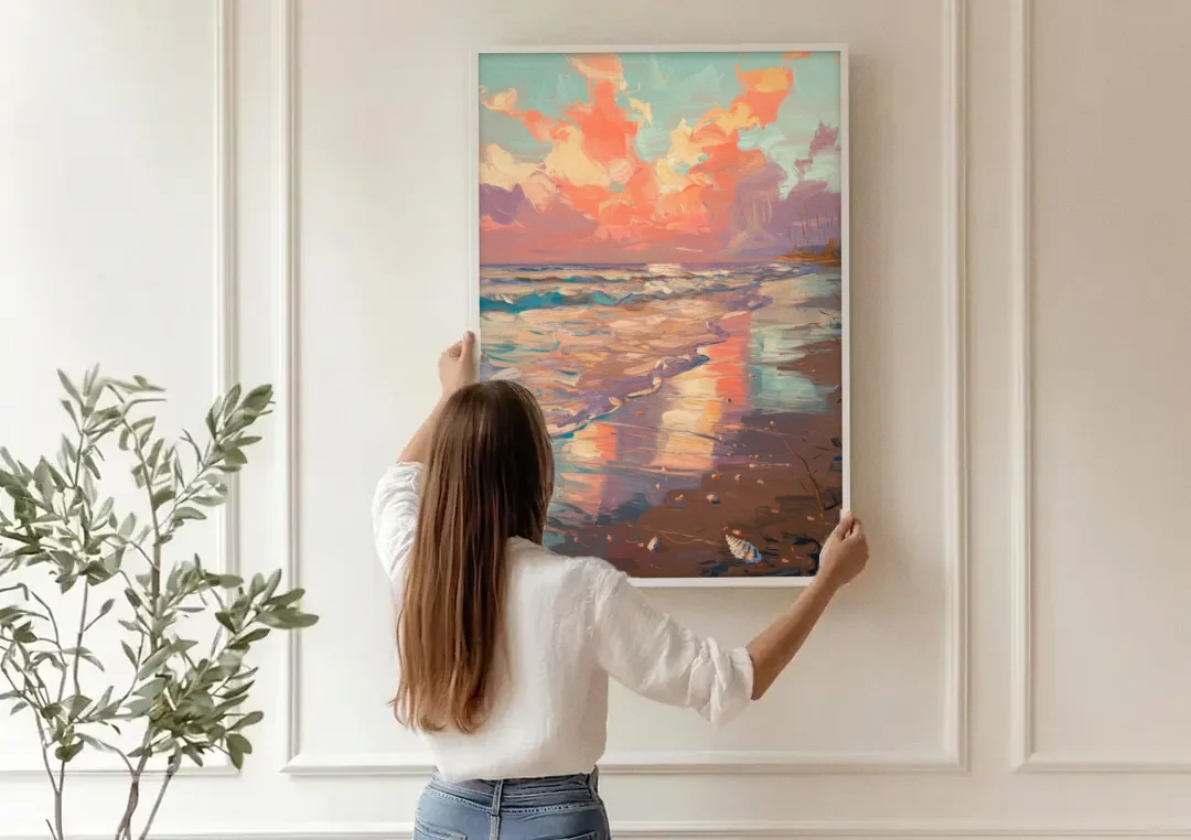 Corpus Christi Coastal Sunrise canvas wall art being hung on a paneled wall