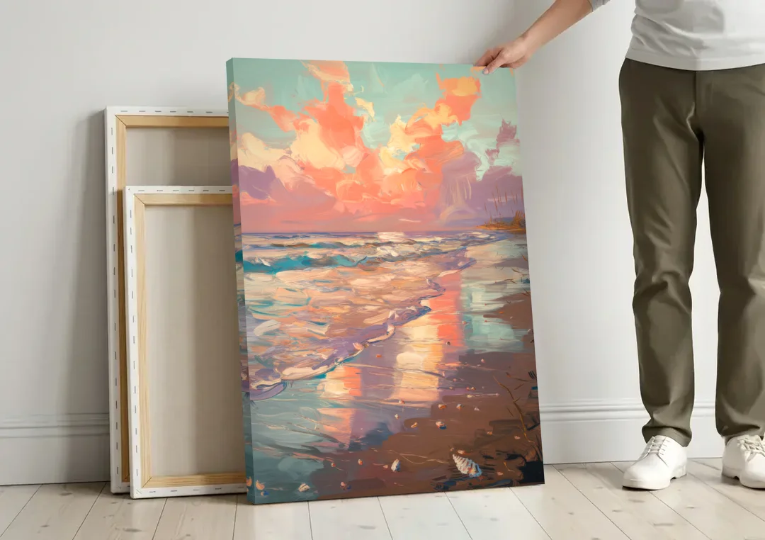 Corpus Christi Coastal Sunrise canvas wall art leaning against a wall next to blank canvases