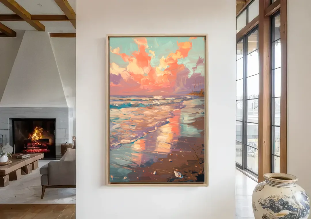 Corpus Christi Coastal Sunrise canvas wall art in a living room with a fireplace