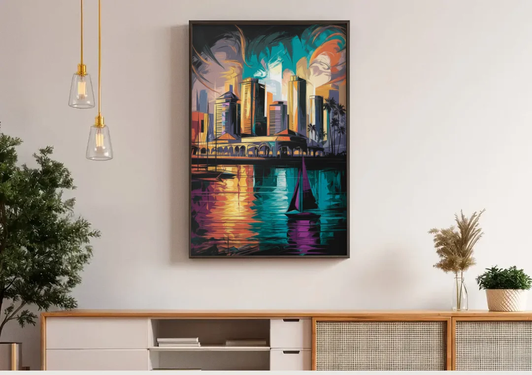 Corpus Christi Downtown Scene canvas wall art above a wooden sideboard under pendant lights