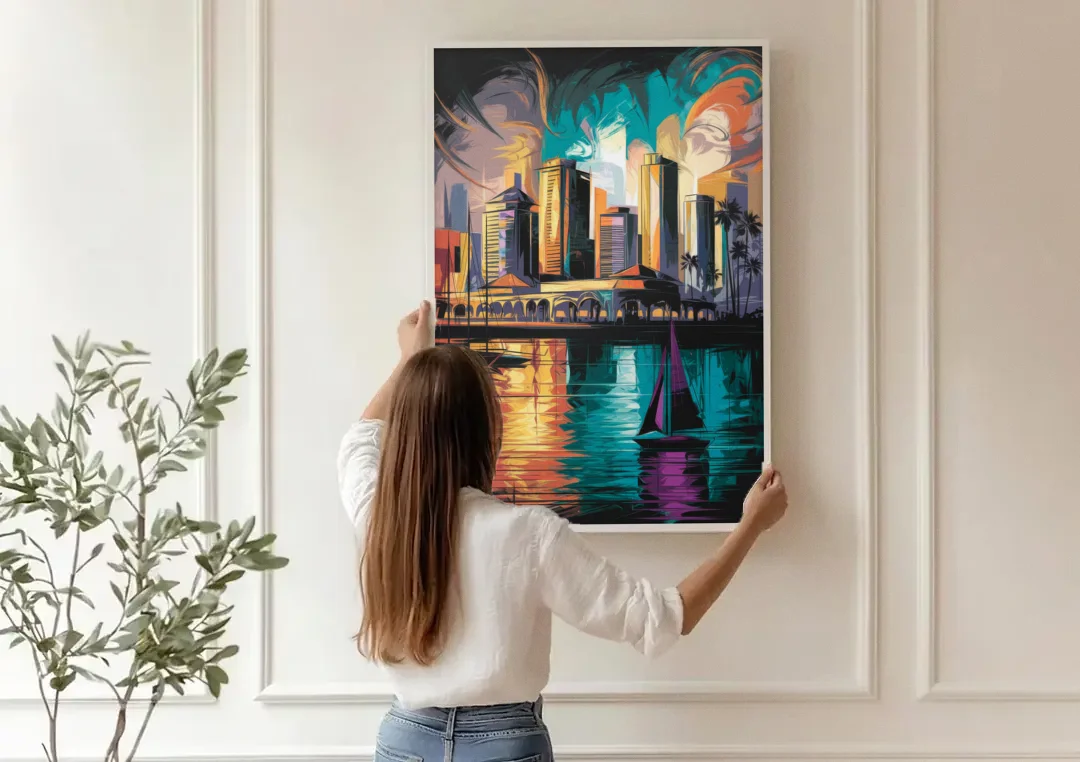 Corpus Christi Downtown Scene canvas wall art being hung on a paneled wall